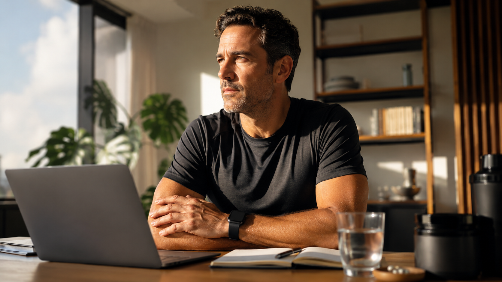 A focused, athletic person in their late 30s–40s conveying competence and drive