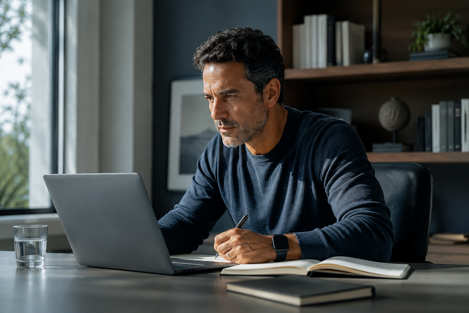 A professional in their 40s focused at a clean desk
