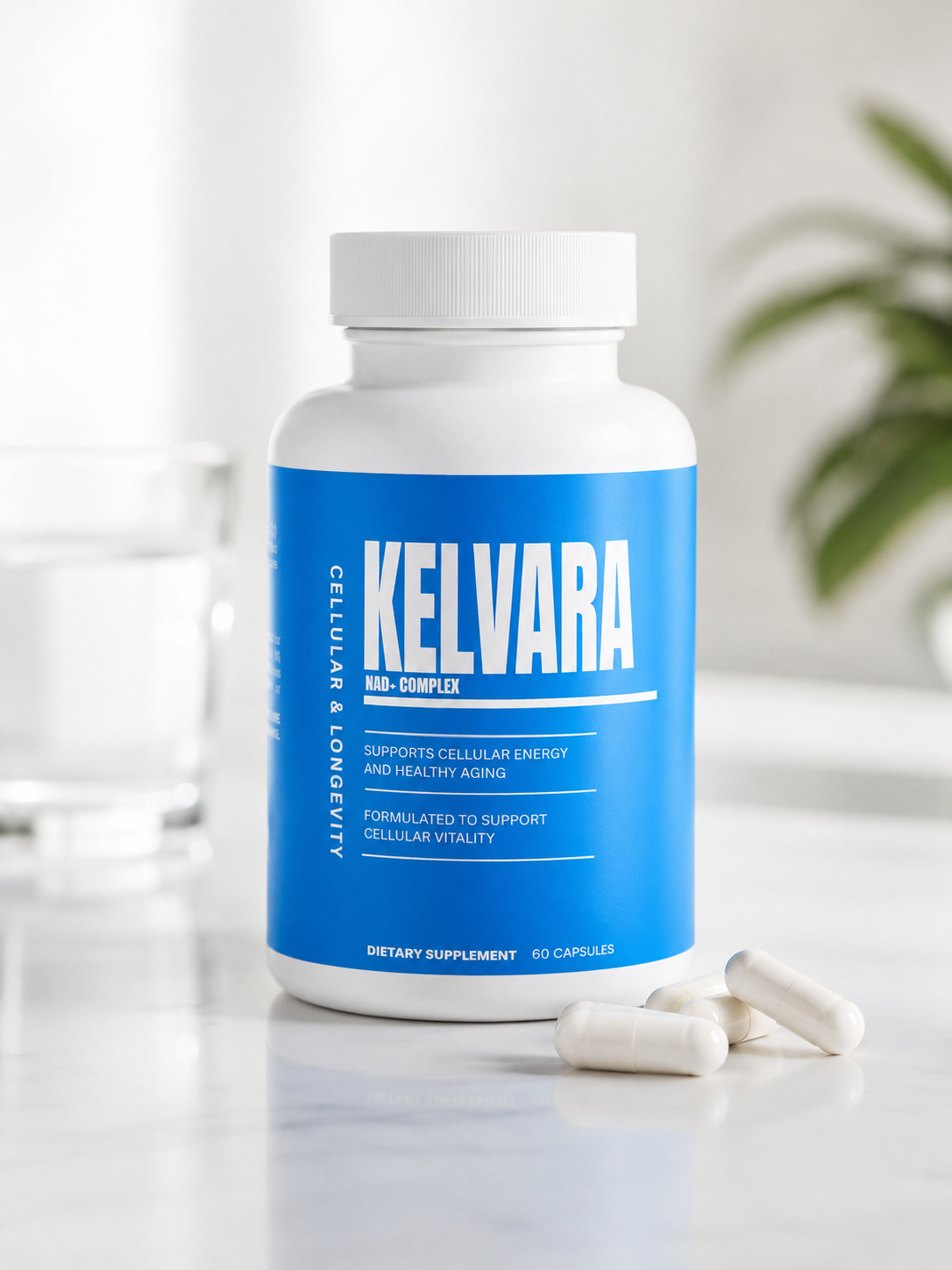 Kelvara NAD+ supplement bottle — premium product shot